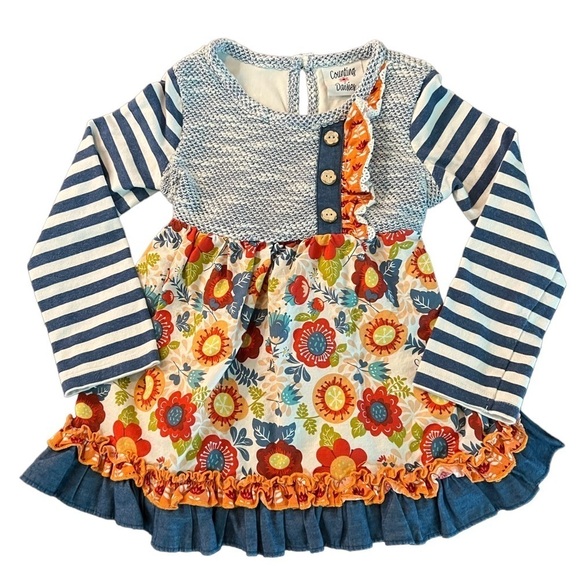 Colorful Kids Casual Dress with Floral and Striped Design - Picture 1 of 8